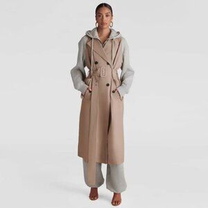Belted Taupe Trench Coat with Gray Hoodie Sleeves